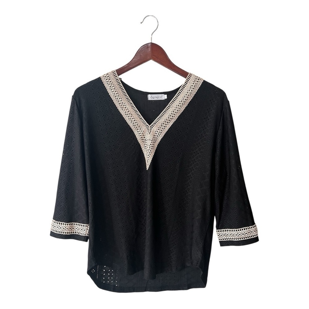 Liofoer Black 3/4 Sleeve V Neck Blouse Embroidered Detail Size L Women NWOT